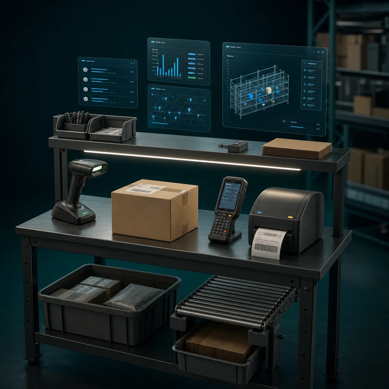 Rendered warehouse packing bench with scanner, parcel, label printer, handheld terminal, and operational panels