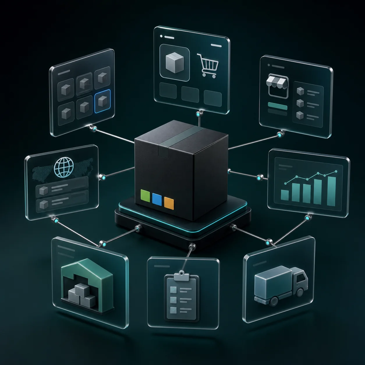 Rendered Workform product box connected to commerce, warehouse, checkout, and analytics panels